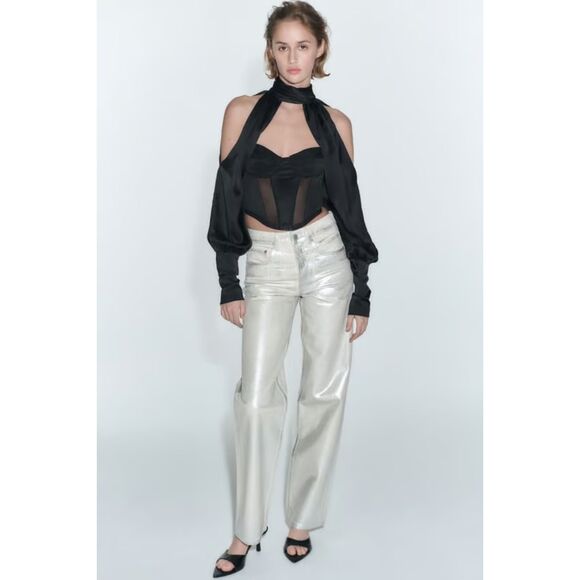 ZARA Metallic Mid-Rise Boyfriend Jean Silver‎ Sz 6 - Picture 2 of 9
